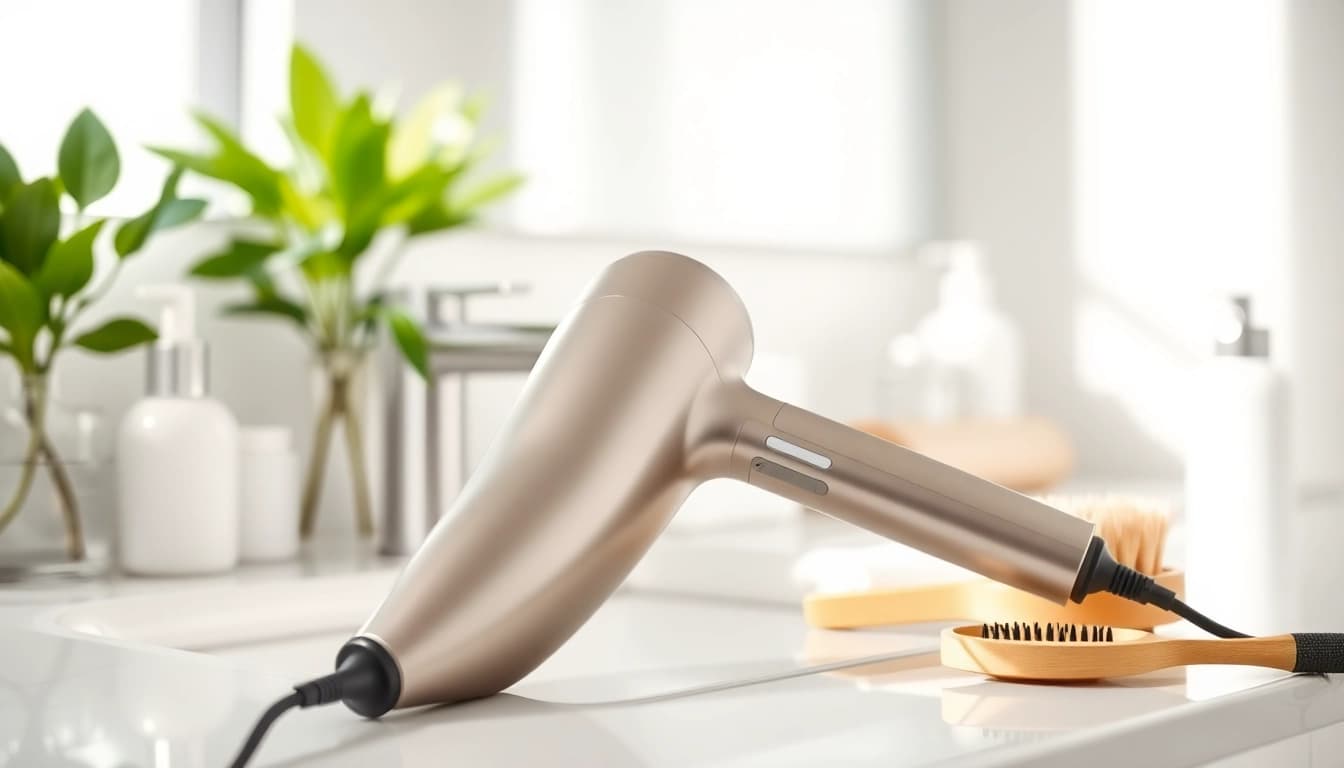 Transform your styling routine with a sleek hair dryer for fine hair on a vanity.