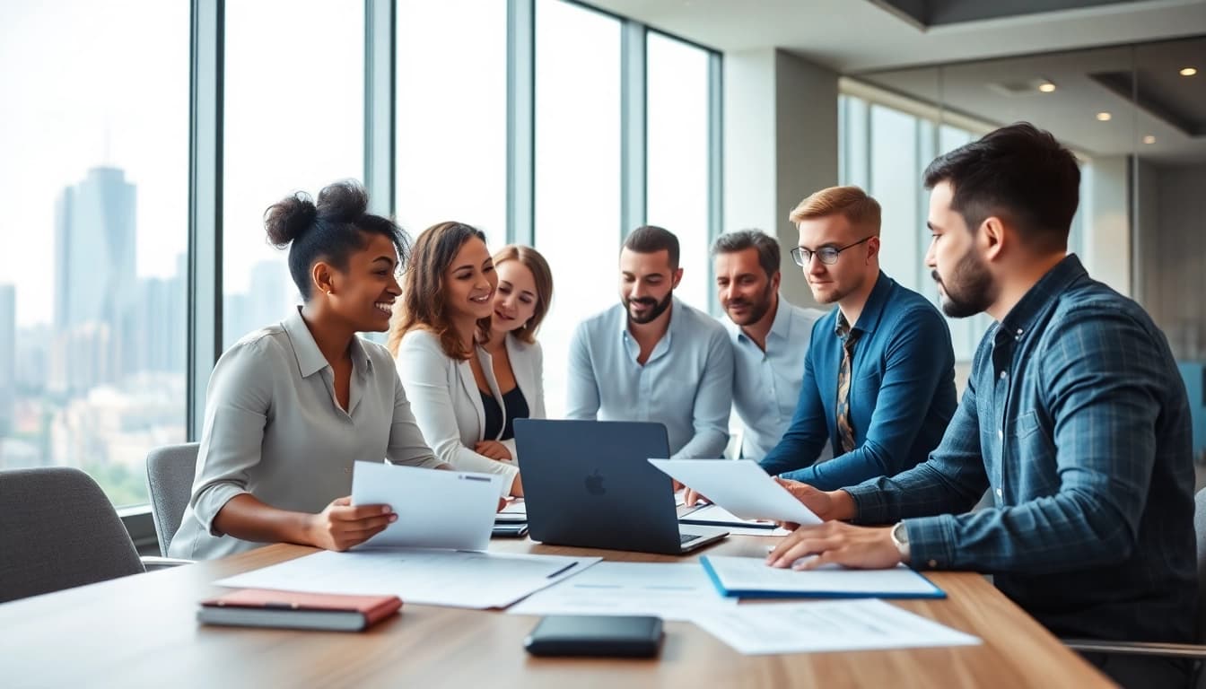 Find sales jobs near me with a professional team collaborating in a modern office.