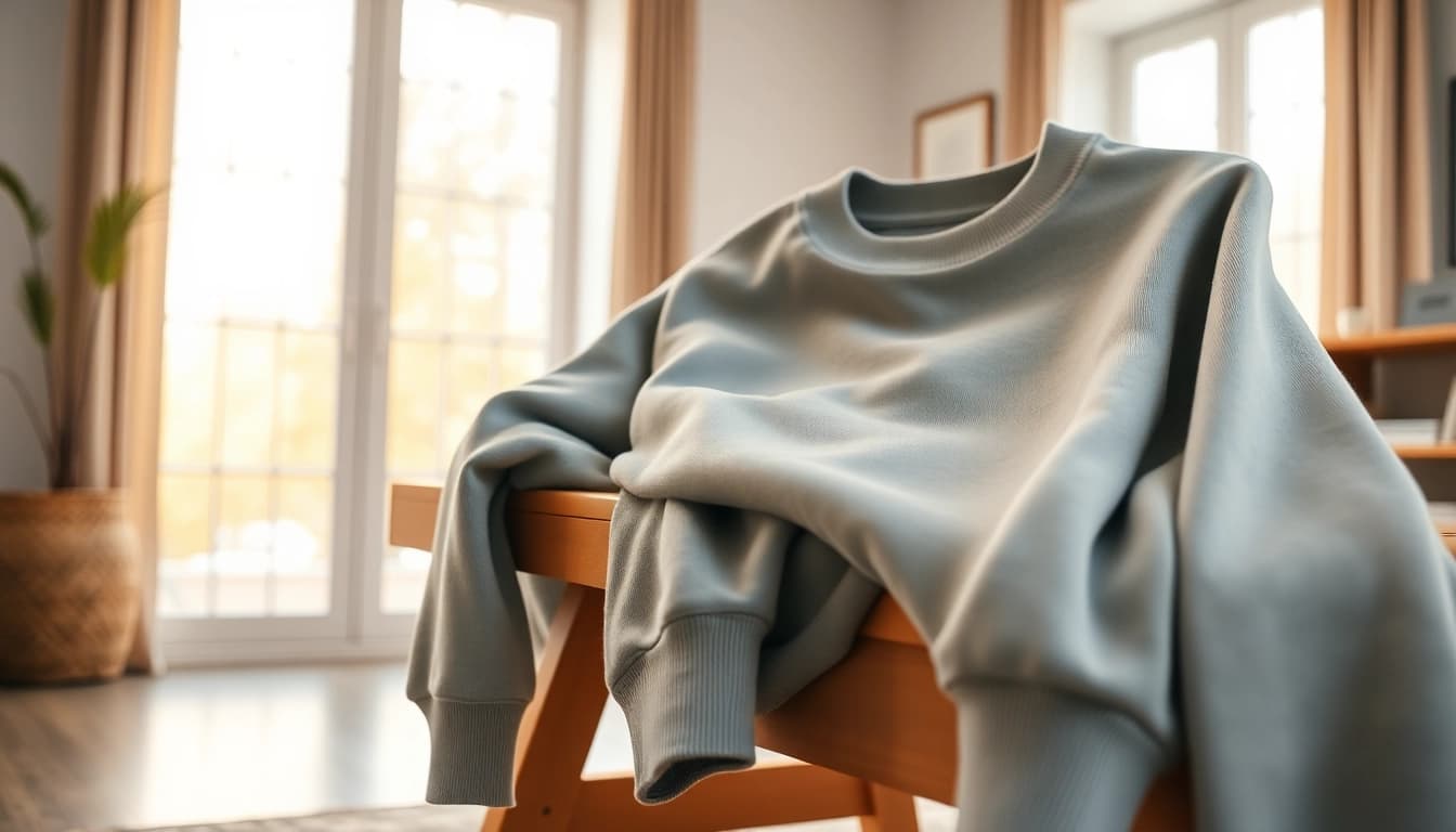 Stylish crew neck sweatshirt showcased on a wooden bench with a cozy background.