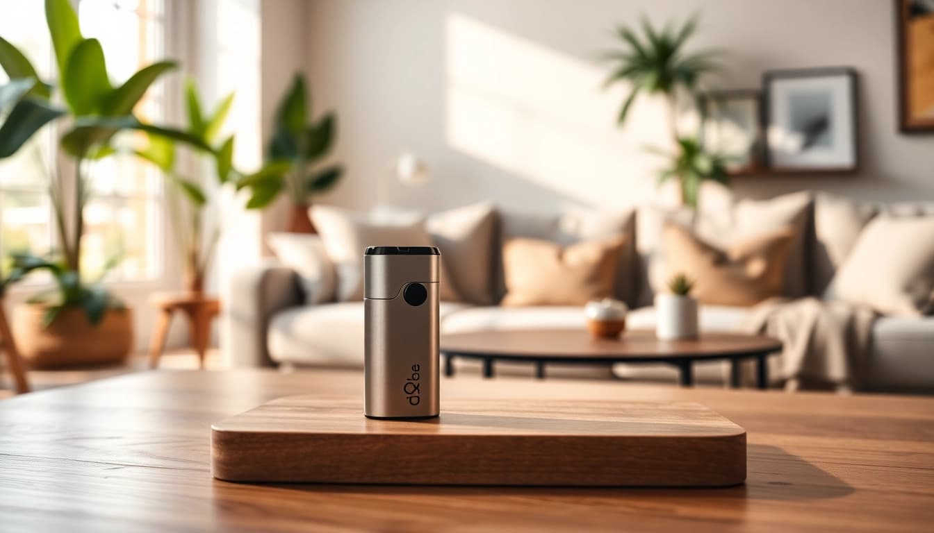 Oxva Podsystem auf einem Holztisch in einem modernen Wohnzimmer