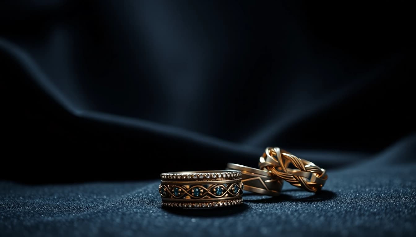 Showcase of exquisite men's jewelry featuring rings and bracelets, emphasizing unique designs.