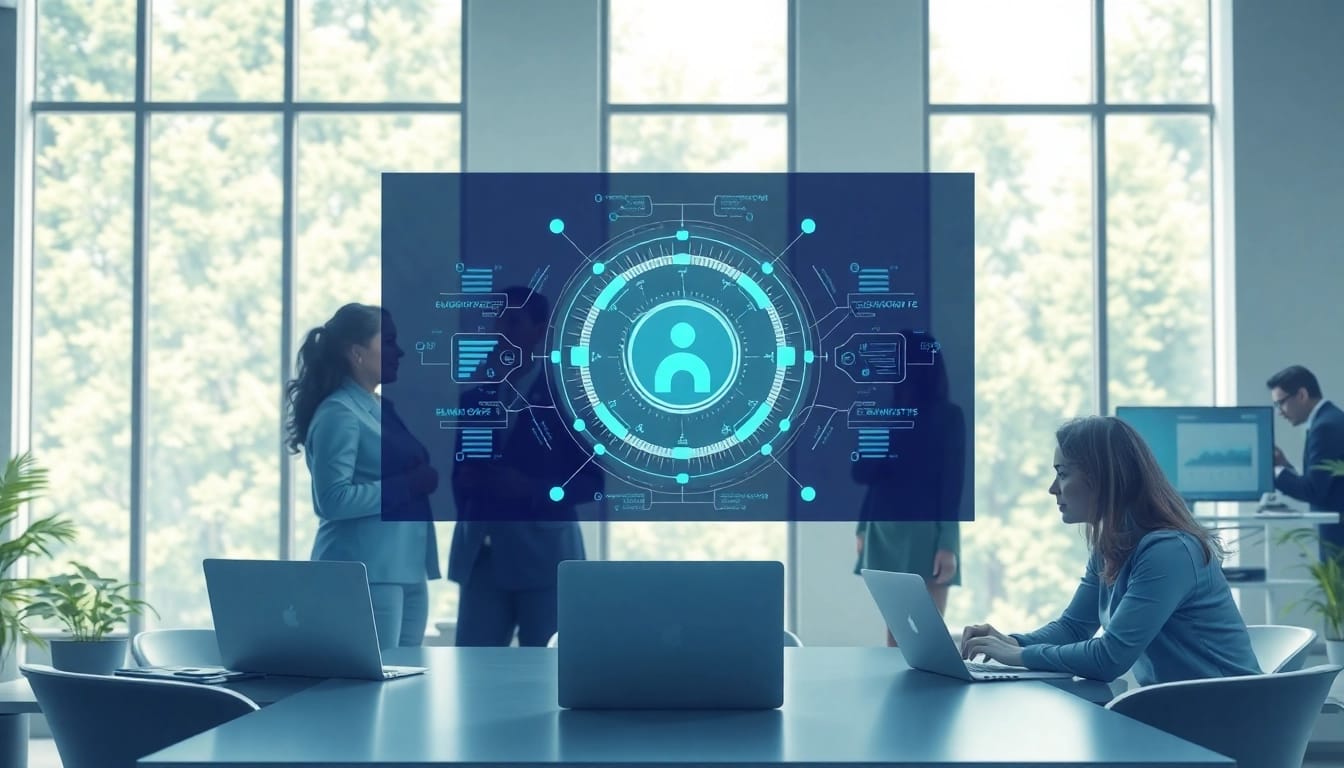 Visualize an enterprise assistant platform facilitating collaboration in a professional office space.