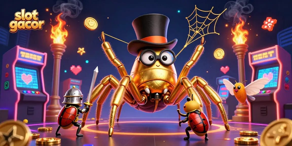 Experience the thrill with slot gacor as a golden tarantula weaves a web amidst casino excitement.