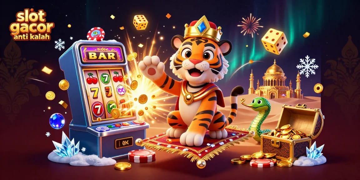 Engage with "slot gacor anti kalah" in a vibrant scene featuring a tiger sultan on a magical carpet amidst jackpot wins.