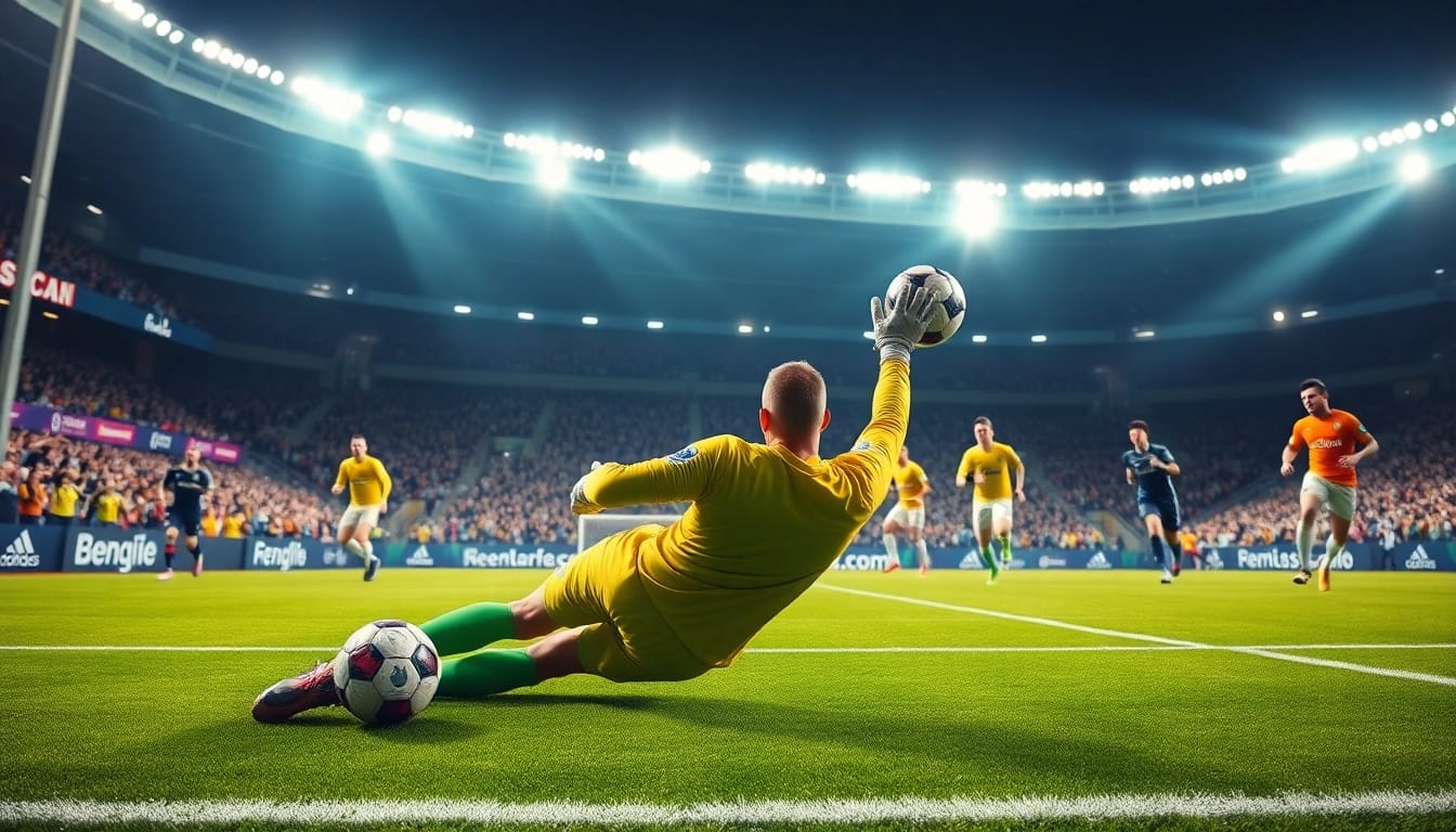 Goalkeeper diving to save in an intense ผลบอลพรีเมียร์ลีก match, dynamic and energetic atmosphere.