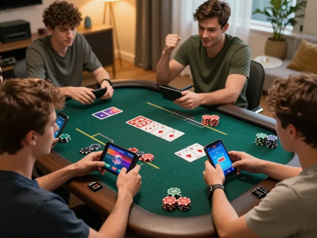Engaged players using sunwinapk for online poker, showing strategy and excitement in a cozy home setting.