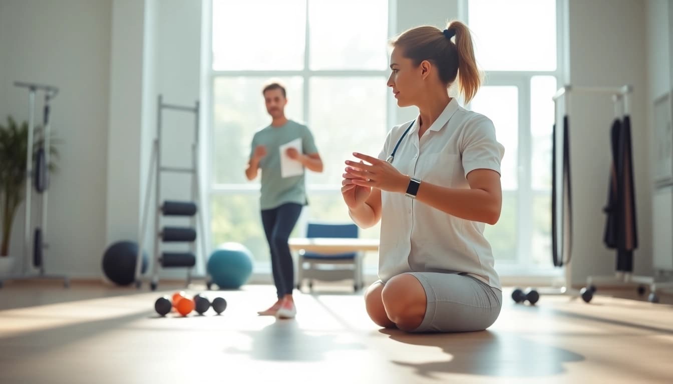 Showcasing Physical Therapy Marketing through a therapist assisting a patient in a bright clinic.