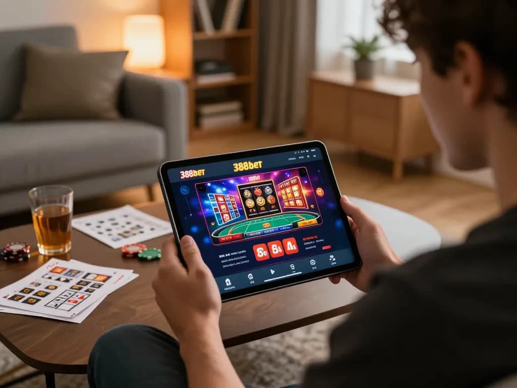Engaging player using tablet for 388bet online gaming session, showcasing poker strategies.