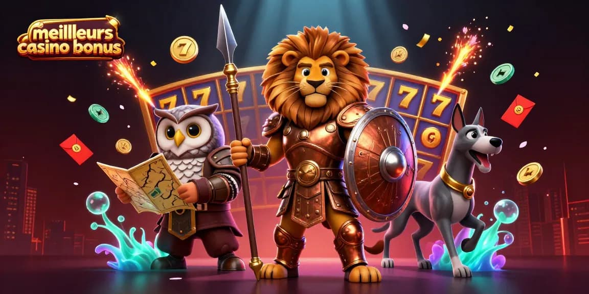 Découvrez les meilleurs casino bonus avec un lion spartiate, un hibou tacticien et un lévrier messager illustrant des éléments de jeu attractifs.