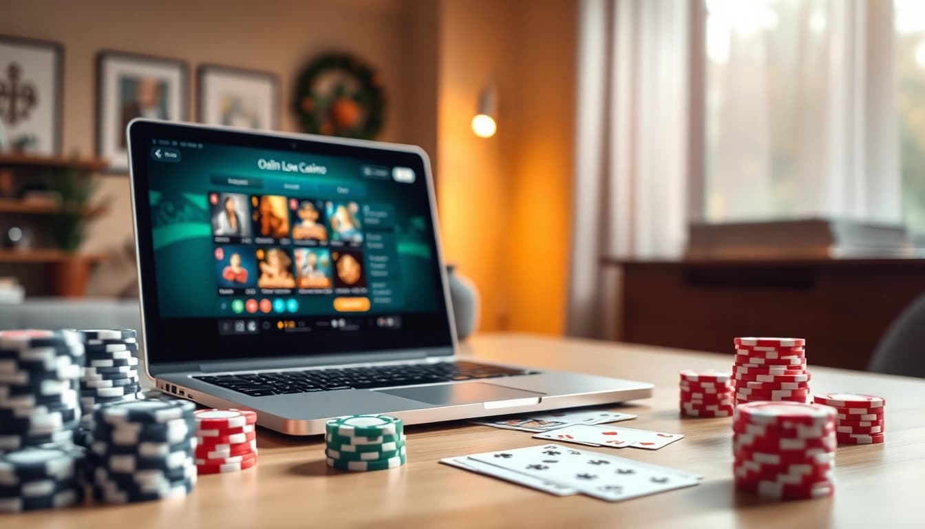 Engaging view of online casinos Georgia, showcasing a laptop with virtual games and casino chips.
