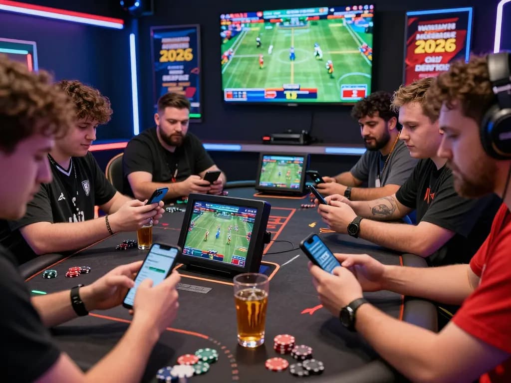 TIN TỨC hubet88 showcasing an exciting online betting experience with diverse players engaging at a modern gaming table surrounded by dynamic displays and promotional materials.