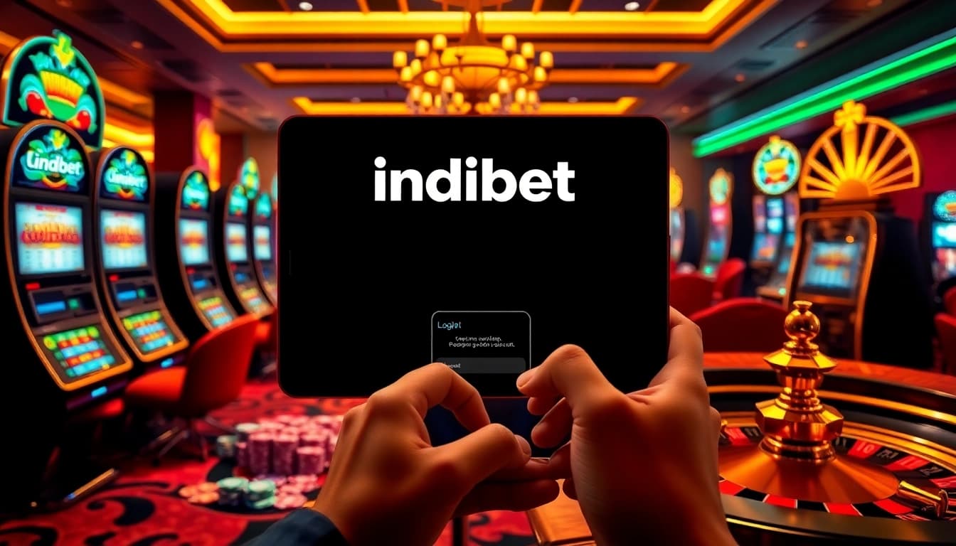 Indibet casino login interface surrounded by vibrant casino elements for a thrilling experience.