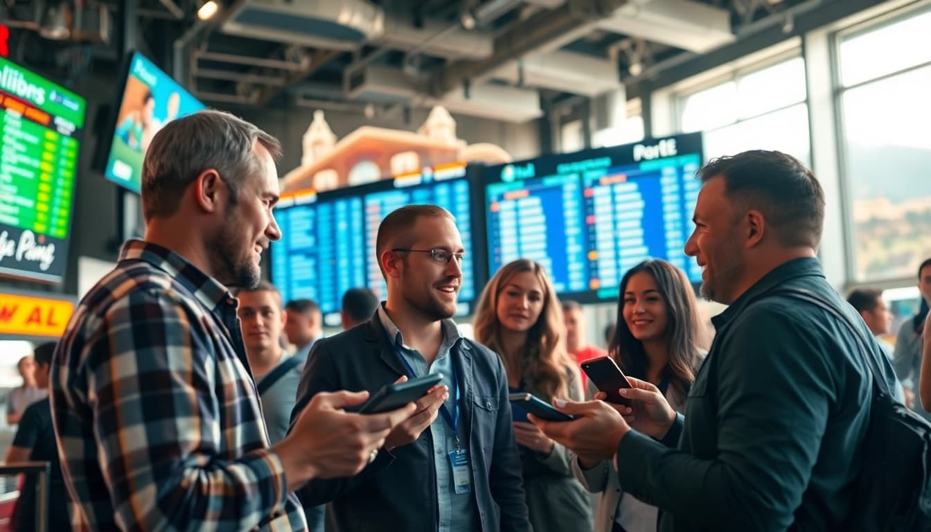 Engaged bettors discussing strategies for sports betting sites California in a vibrant Californian setting.