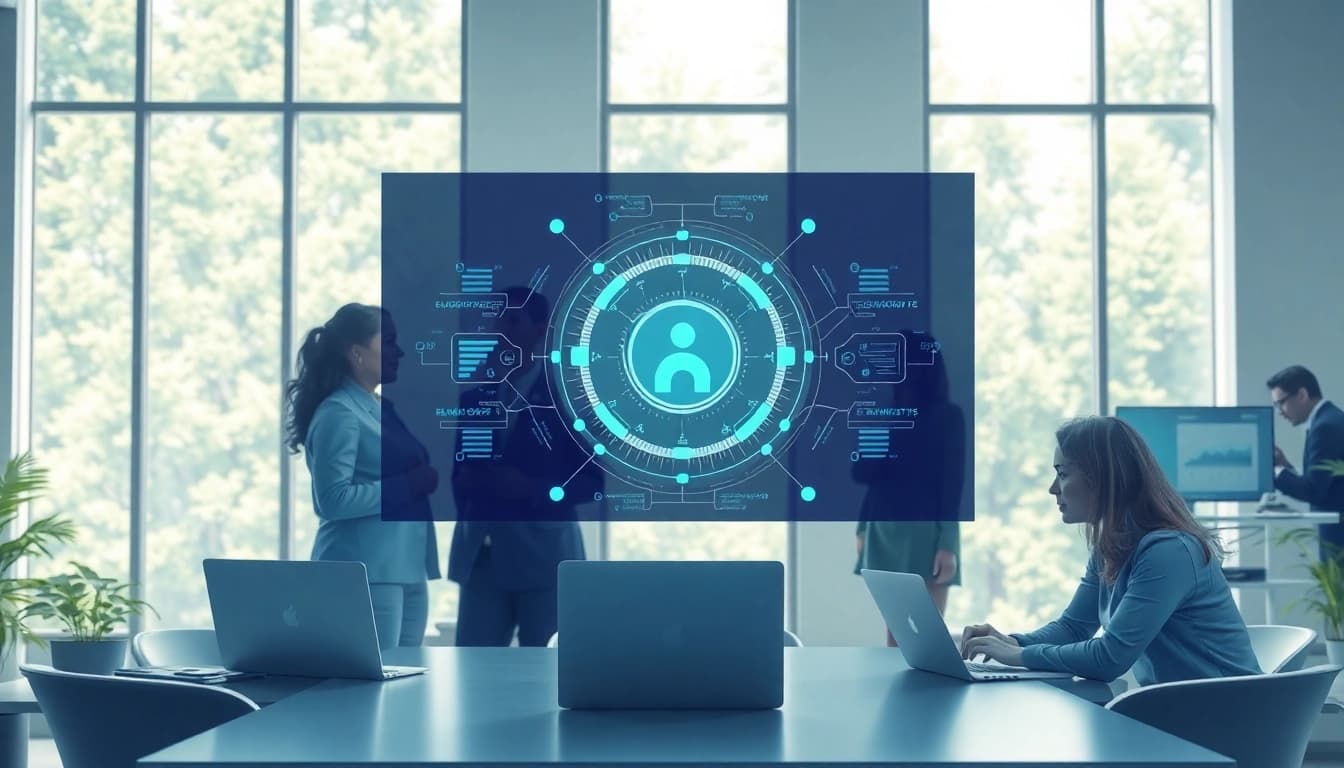Visualize an enterprise assistant platform facilitating collaboration in a professional office space.