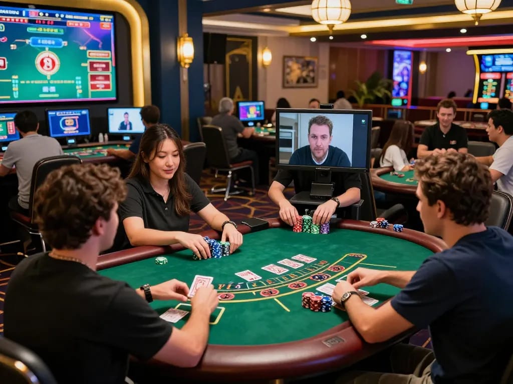 Engaging live baccarat game scene showcasing players at an online casino, featuring vibrant atmosphere and interactive dealer.