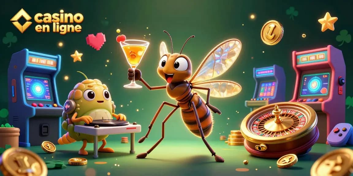 Atteignez le jackpot avec casino en ligne dans une scène animée avec une composition de personnages 3D.