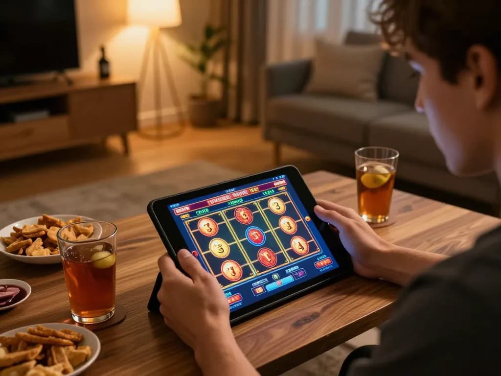 Engaging with agenslot188 while enjoying a slot game at home with drinks and snacks.