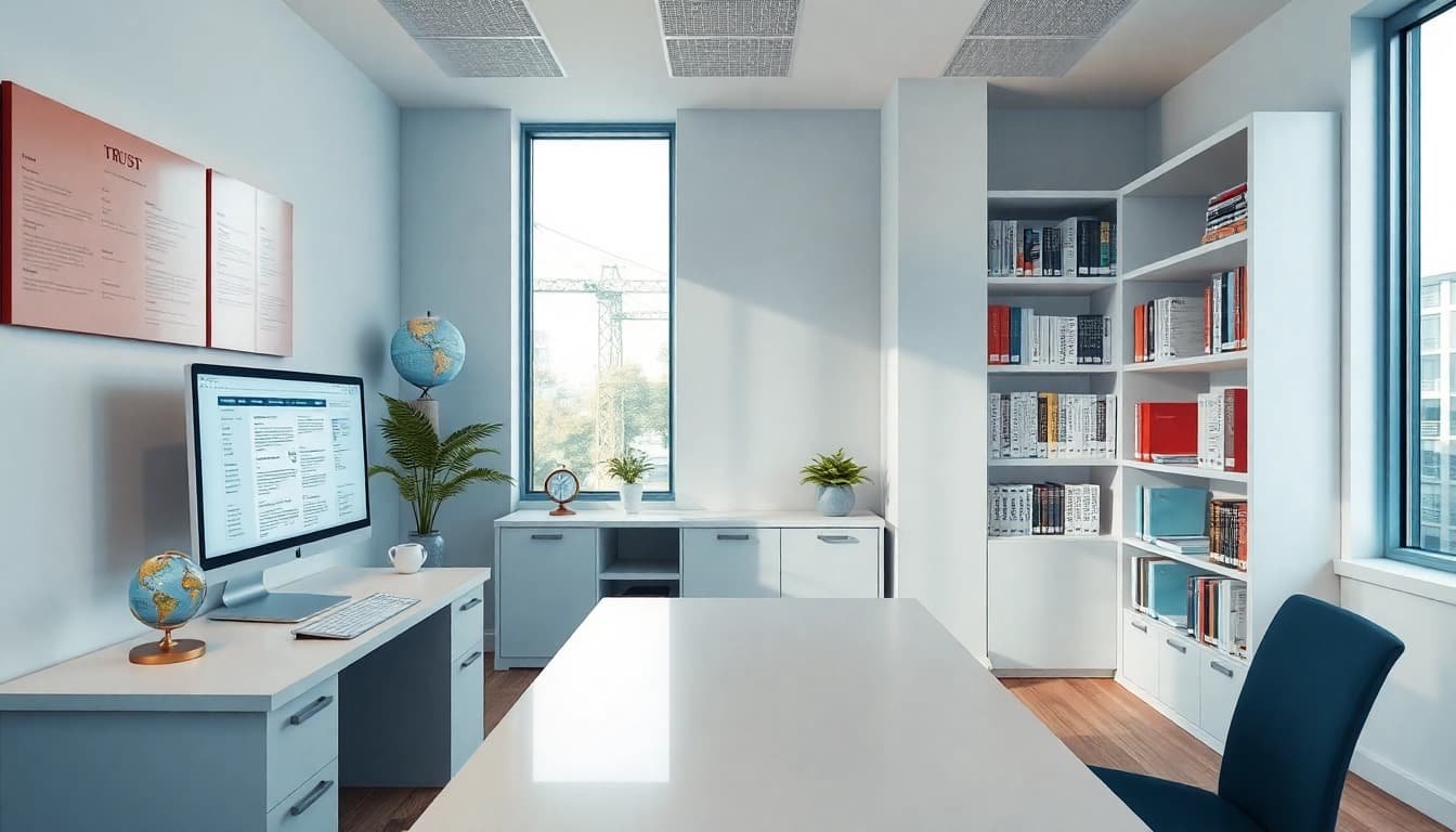 Professional workspace showcasing traducere autorizată services with modern design and multilingual elements.