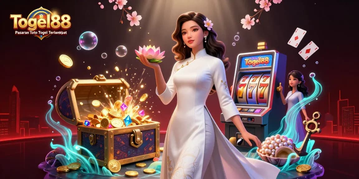 Togel88 Pasaran Toto Togel Terlengkap showcases an elegant Asian woman celebrating winning moments in a vibrant casino scene.