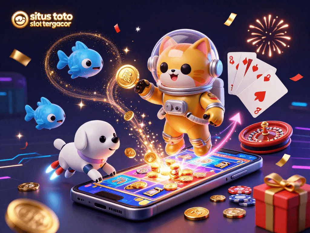 Experience thrilling wins at situs toto slot tergacor with an astronaut cat and robot dog in a dynamic game scene.