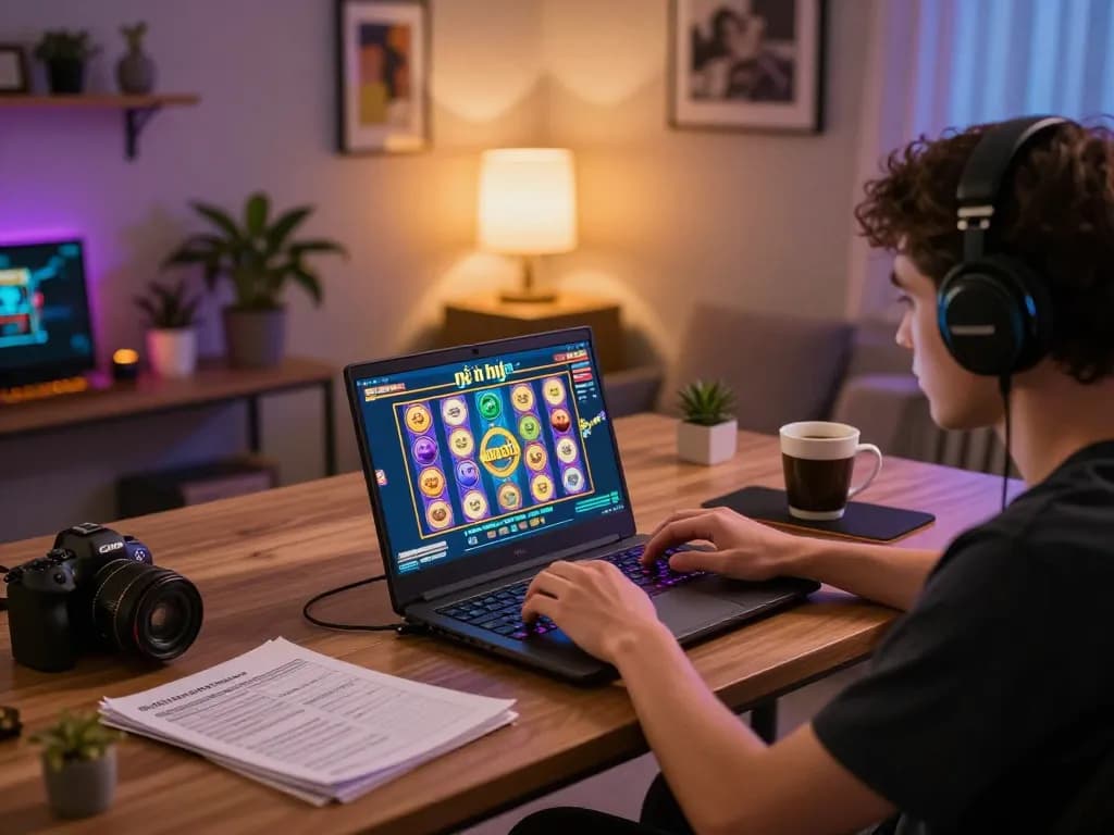 Engaged player spinning the reels in nổ hũ game on laptop at home, warm atmosphere and strategic notes nearby