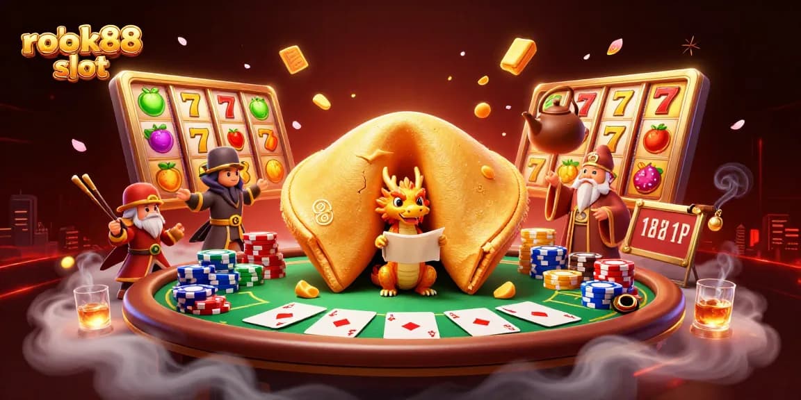 Experience the thrill of rokok88 slot with a vibrant 3D illustration featuring a golden fortune cookie and dynamic game elements.