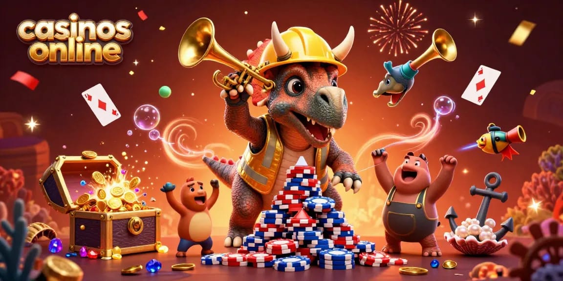Juega en casinos online y celebra con un triceratops construyendo fichas de póker.
