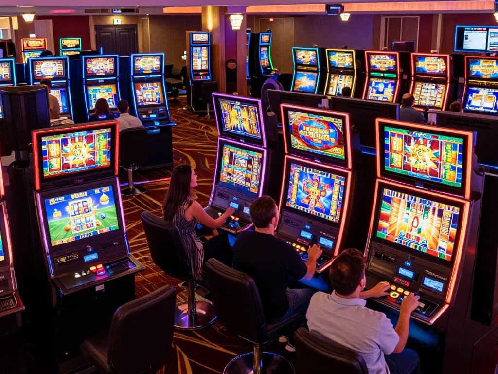 Engaging scene of players enjoying slot online gaming at colorful machines filled with vibrant lights