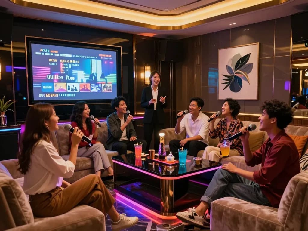 Friends enjoying karaoke at www.gangnamtune.com, showcasing a luxurious evening atmosphere with vibrant lighting and engaging entertainment.