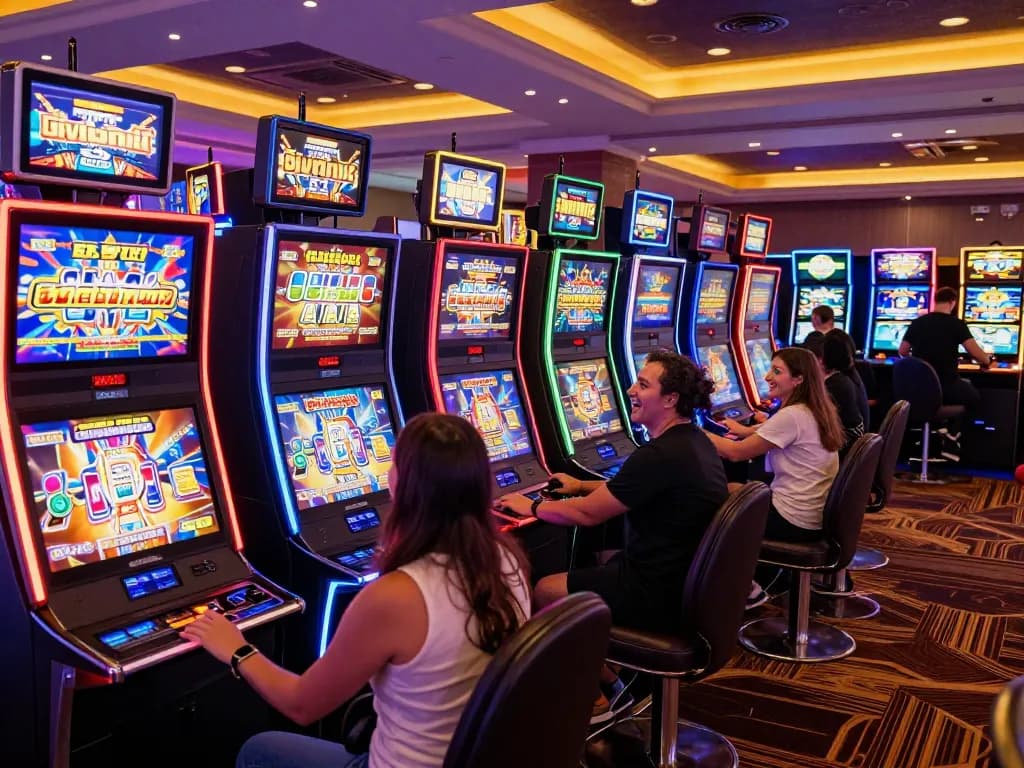 Players enjoying the excitement of slot machines in a vibrant casino atmosphere, celebrating wins.