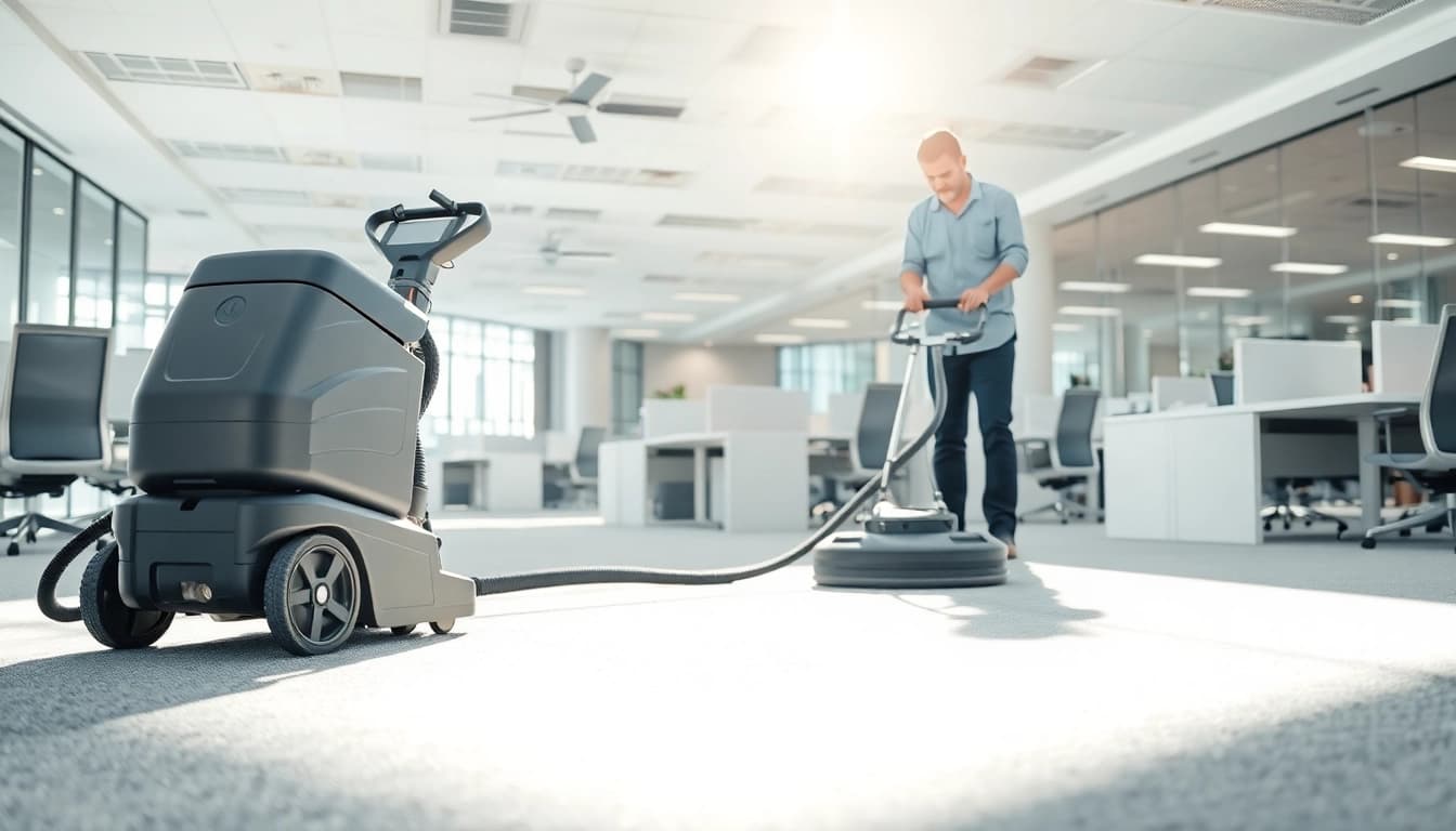 Cleaning action with commercial carpet cleaners in a bright office environment enhancing cleanliness.