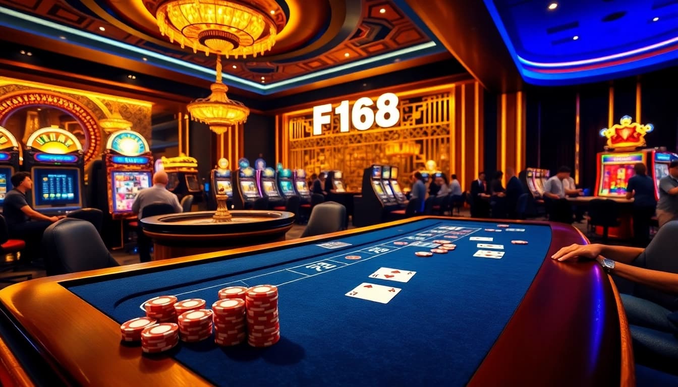Exciting casino action showcasing F168's vibrant gaming environment with poker chips and roulette.