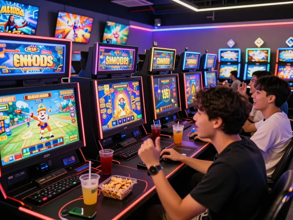 Group celebrating a win on situs gacor slot machines in vibrant gaming lounge.