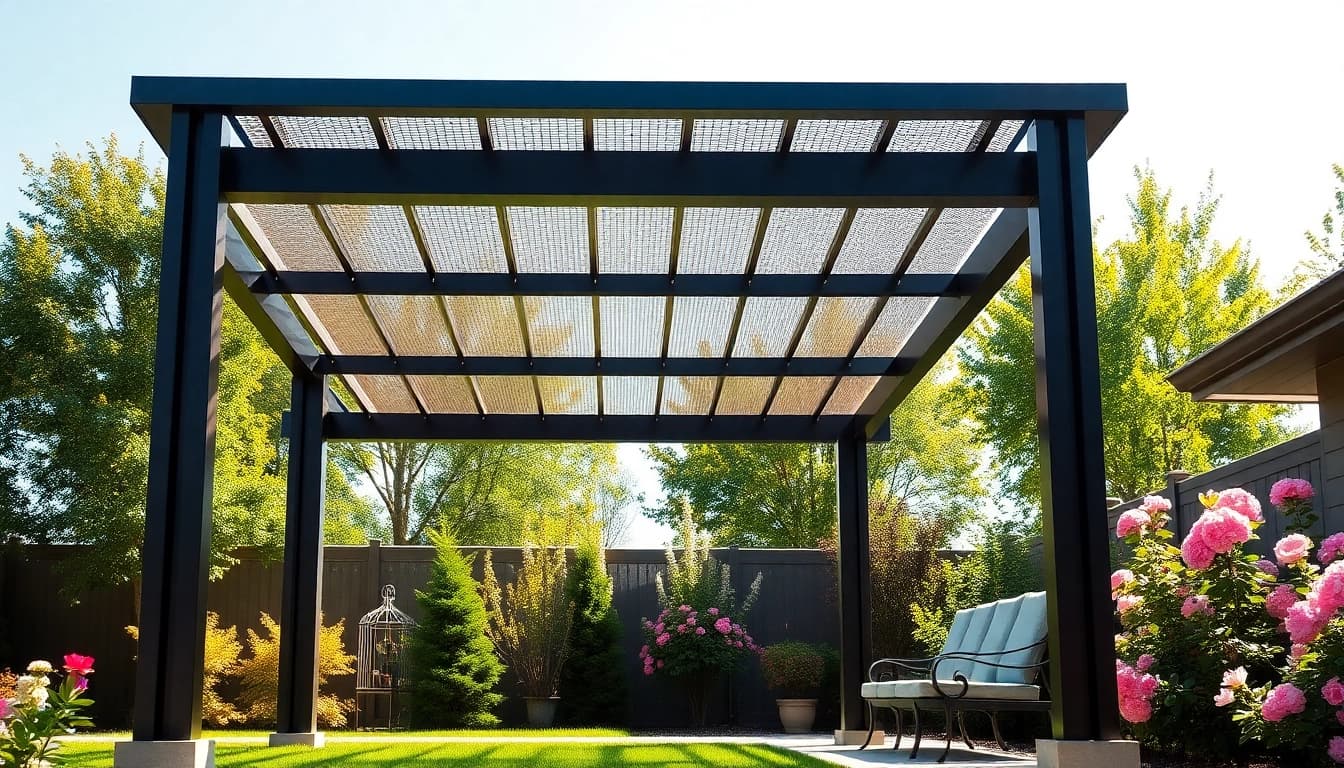 Enhance your outdoor space with a stylish modern steel pergola in a vibrant garden setting.