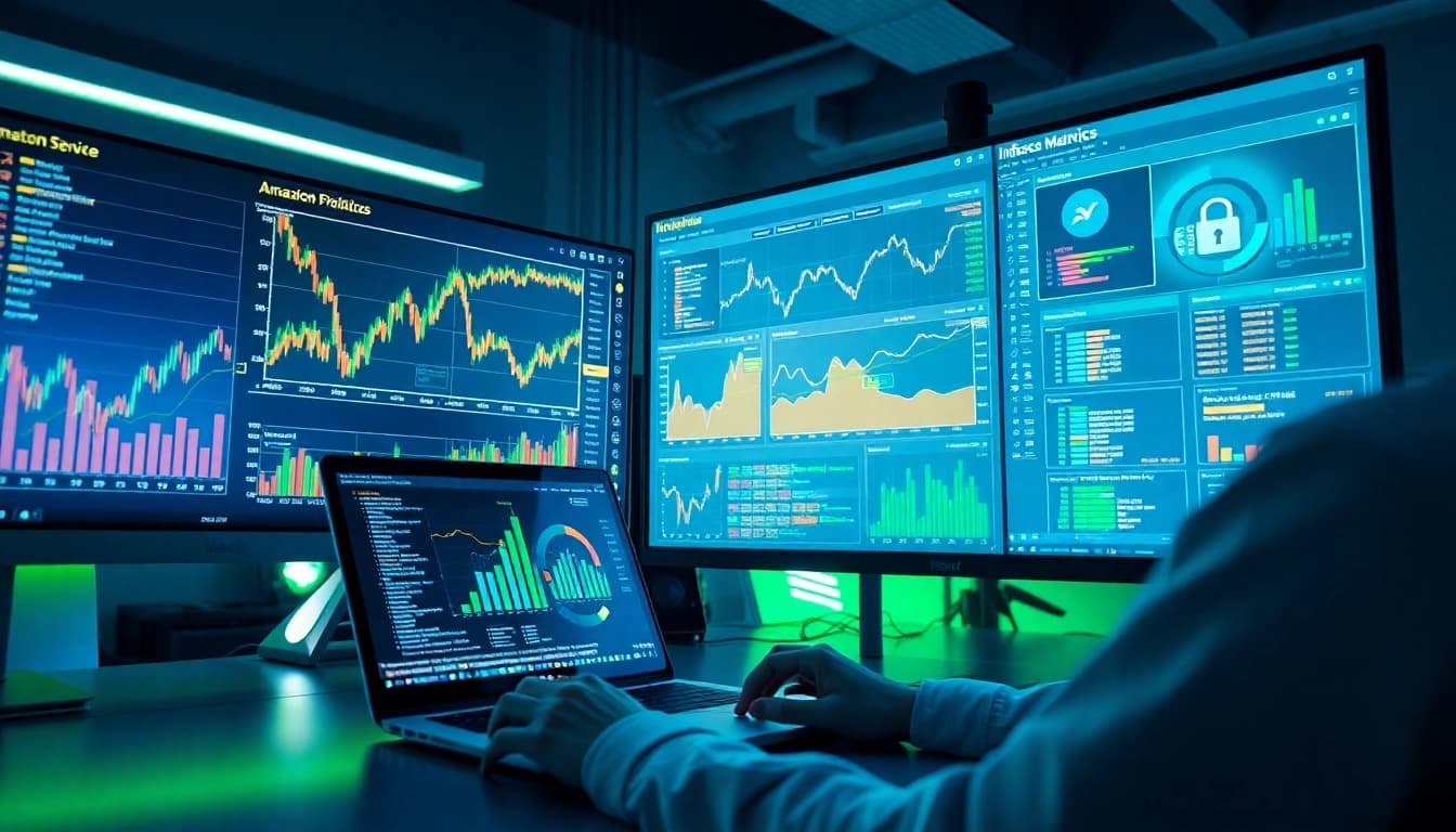 A developer using a smart price tracker analyzes Amazon price fluctuations, emphasizing infosec metrics in a modern workspace.