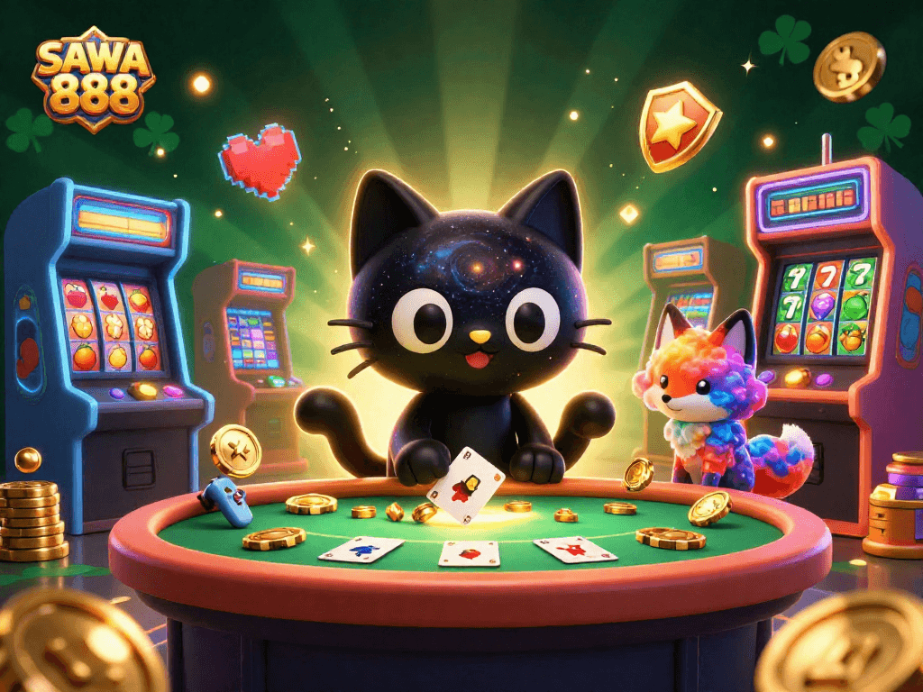 SAWA 888's vibrant casino scene showcasing a black hole cat and colorful fox pulling in chips and cards.