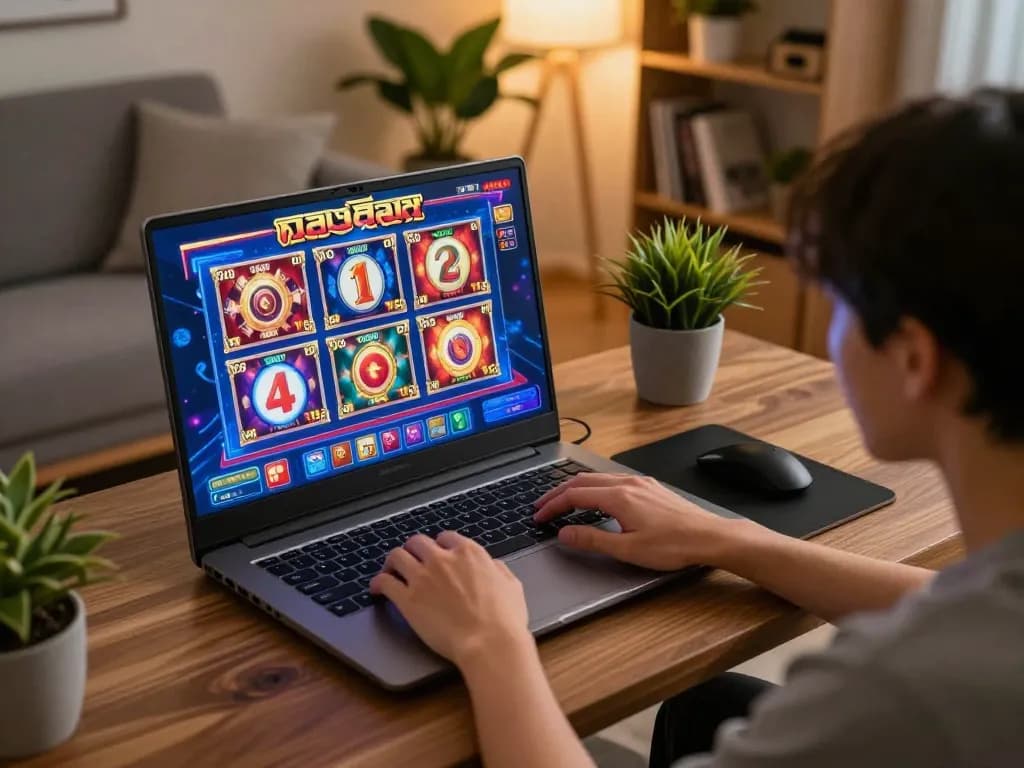 Engaging with เว็บสล็อต on a laptop, showcasing colorful games in a cozy home setting.