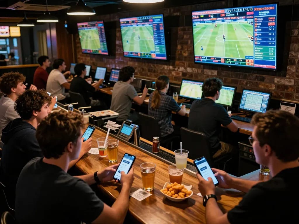 Engaging atmosphere of sports fans placing bets at legal foreign betting sites during live games.