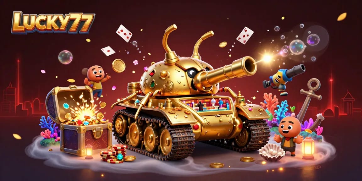 Experience excitement with LUCKY77 in a vibrant casino scene featuring golden beetle tank and treasures.