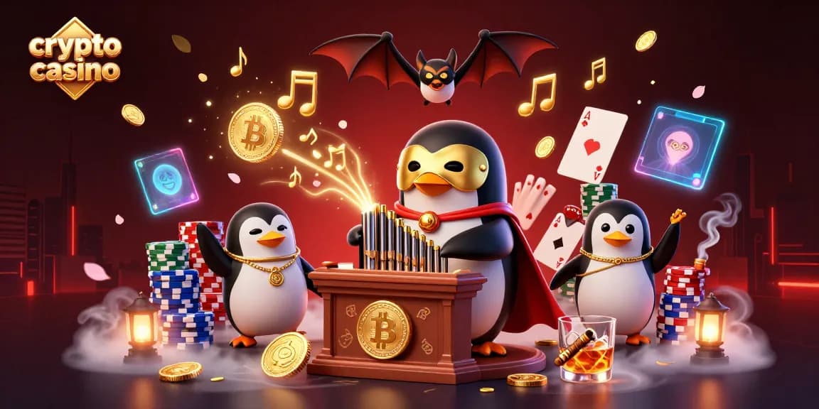 Rivivi l'azione in un crypto casino con un pinguino opera e monete d'oro volanti.