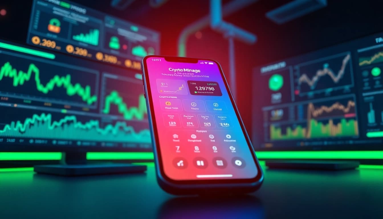 Crypto mining app displayed on a smartphone alongside digital currency charts and statistics.