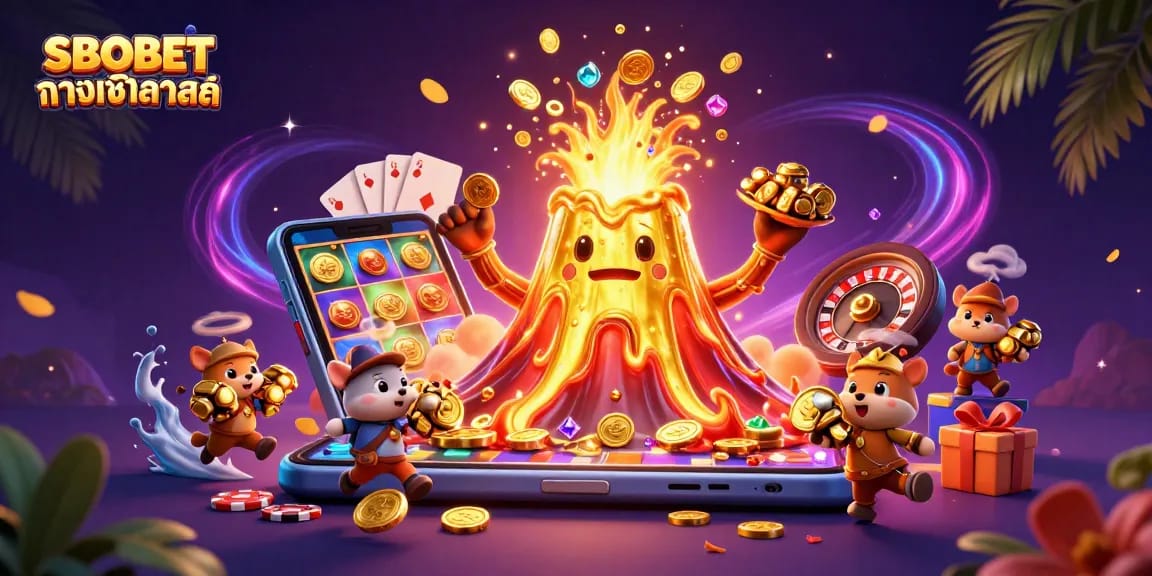 SBOBET ทางเข้าล่าสุด shows a vibrant golden volcano erupting coins, capturing the excitement of casino gaming.