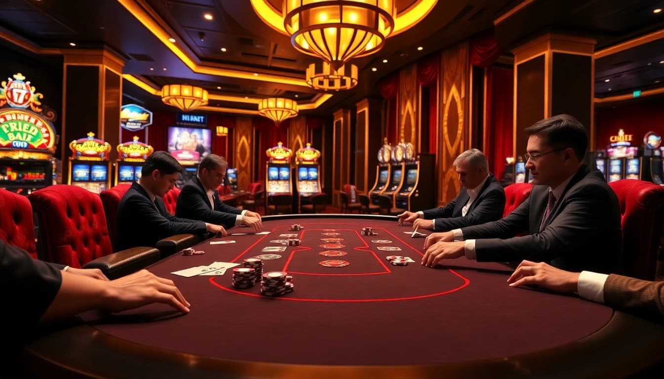 Sophisticated SHBET casino scene showcasing engaging gameplay with poker chips and vibrant slot machines.
