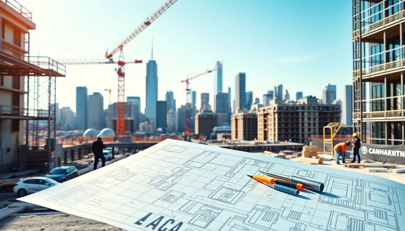 Manhattan Commercial General Contractor supervising an active construction site with modern Manhattan skyline.