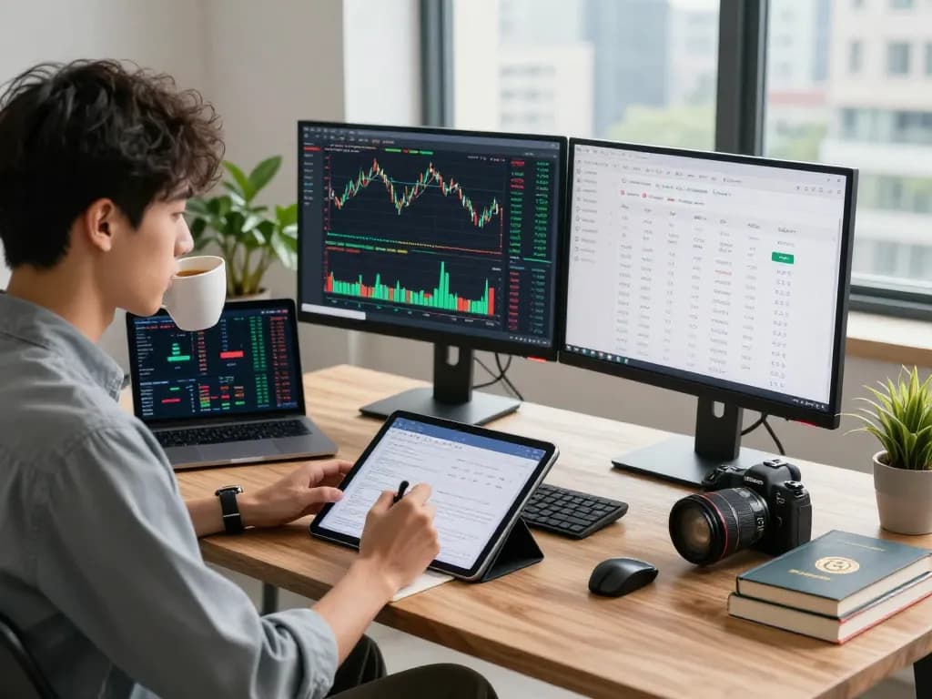 Professional analyzing automated crypto income strategies in a modern workspace with trading charts.
