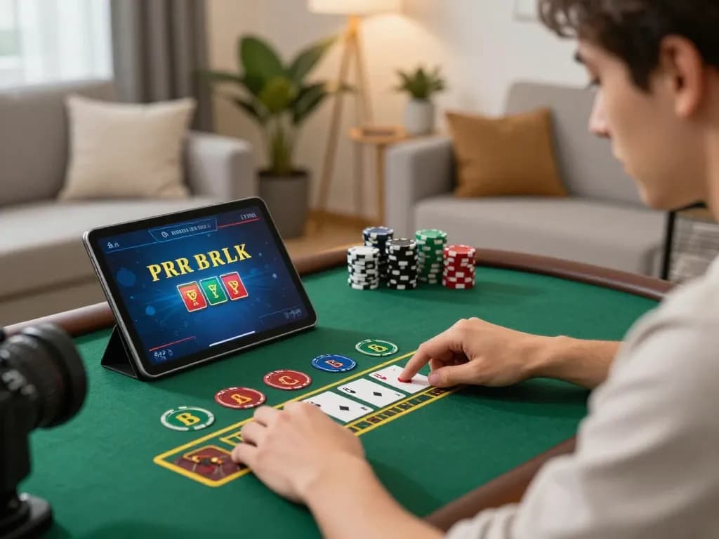 Casino Spin Panda player engaging in blackjack action on a tablet in a cozy home setting