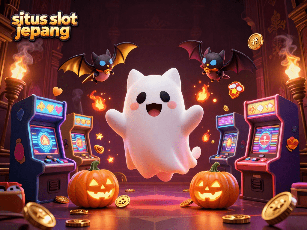 Engage with situs slot jepang in this vibrant scene featuring a ghost cat, bat, and glowing slot machines.