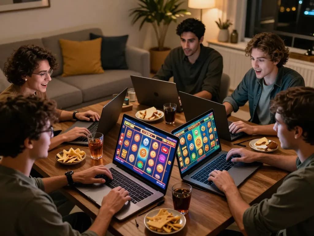 Nohu players spinning online slots excitedly at home, showcasing immersive gameplay and vibrant colors.
