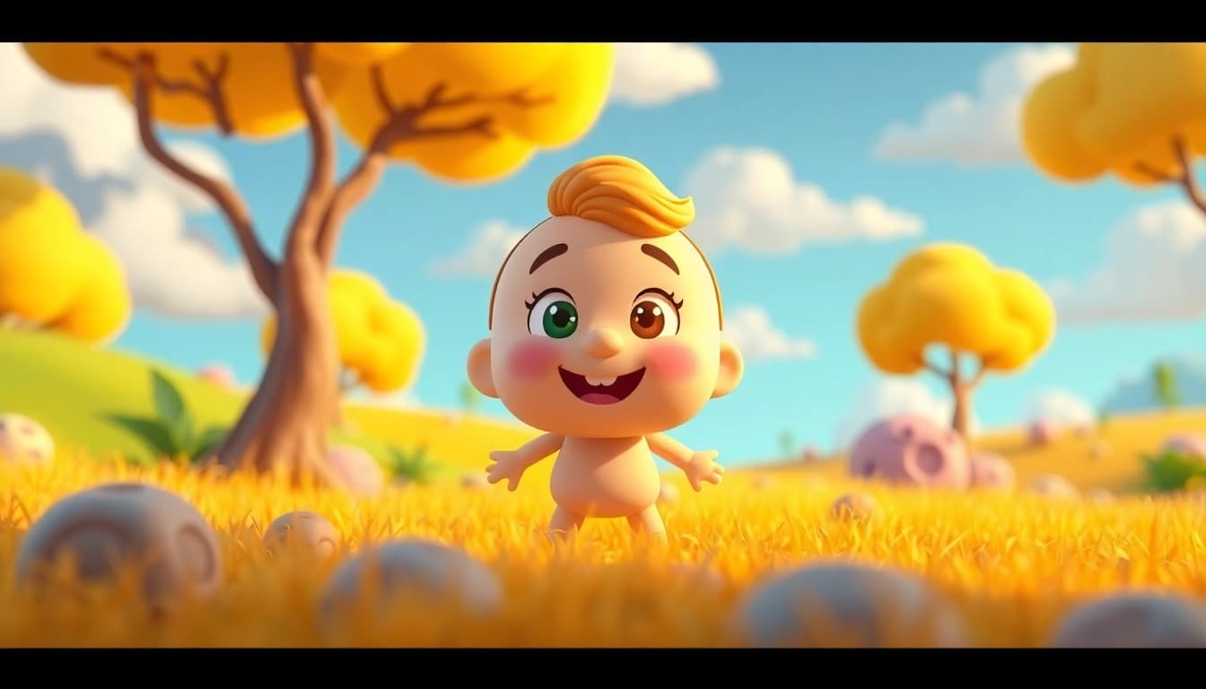 Gestalte eine kreative 2D Animation mit einem fantasievollen Charakter in einer bunten Landschaft.
