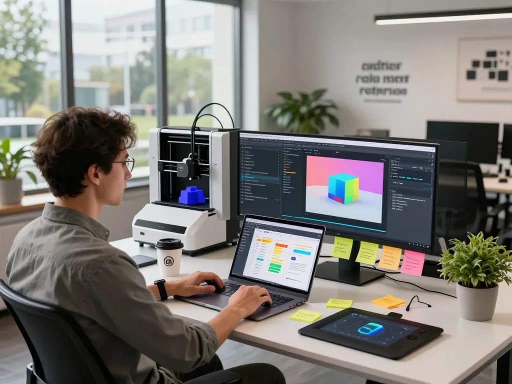 3D product configurator software in a modern workspace with vibrant models and coding.